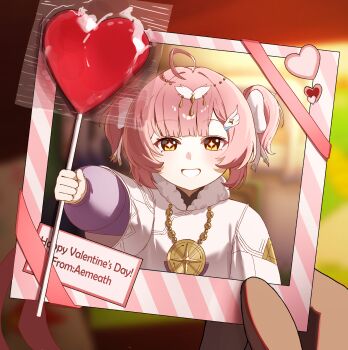  1other absurdres aemeath_(wuthering_waves) aemeath_(young)_(wuthering_waves) ahoge ashamutoki blurry blurry_background bow candy character_name commentary dress english_commentary food hair_bow hair_ornament happy_valentine heart heart-shaped_food heart-shaped_lollipop highres holding holding_photo lollipop looking_at_viewer medium_hair multiple_hair_bows orange_eyes photo_(object) pink_hair pov pov_hands shaped_lollipop short_twintails smile star-shaped_pupils star_(symbol) symbol-shaped_pupils twintails upper_body white_bow white_dress wuthering_waves 