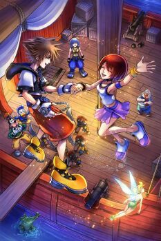  2girls antique_cannon armband bare_shoulders belt black_choker blonde_hair blue_eyes brown_hair cannonball choker closed_eyes commentary crocodile crocodilian cropped_jacket crown_necklace donald_duck dress english_commentary fairy fairy_wings fingerless_gloves flying full_body gloves goofy green_dress heartless_(kingdom_hearts) highres holding_hands hollypolllyy in-universe_location jewelry jumpsuit kairi_(kingdom_hearts) kingdom_hearts kingdom_hearts_i lace lace-trimmed_skirt lace_trim mast mini_person minigirl mr._smee multiple_girls necklace night nomura_tetsuya_(style) ocean outdoors pirate_costume pirate_ship plank purple_armband purple_belt purple_skirt red_hair red_jumpsuit riku_(kingdom_hearts) sail sailing_ship shoes shroud_(sailing) skirt skort smile sora_(kingdom_hearts) sparkle spiked_hair strapless strapless_dress tank_top third_wheel tinker_bell_(disney) white_tank_top wings wristband yellow_shoes 