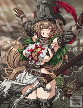  1girl armor arms_up artist_name belt bikini bikini_top_only black_bikini blush breasts brown_gloves brown_hair chainmail closed_eyes cloud cloudy_sky convenient_censoring covered_erect_nipples cowboy_shot dark_souls_(series) dark_souls_i day detached_sleeves dragon genderswap genderswap_(mtf) gloves hair_ornament hairclip helmet karosu_maker large_breasts light_rays long_hair monster no_panties open_mouth outdoors paid_reward_available praise_the_sun pussy pussy_peek scabbard sheath sheathed sidelocks signature sky solaire_of_astora standing sun_print surcoat swimsuit sword underboob very_long_hair weapon wide_hips  rating:Explicit score:11 user:halfpint