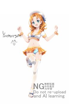  1girl ^_^ ^q^ alternate_costume annette_fantine_dominic annette_fantine_dominic_(timeskip) aqua_panties blue_bow blue_eyes blush boots bow breasts cleavage closed_eyes commentary_request fire_emblem fire_emblem:_three_houses full_body happy happy_birthday hat looking_at_viewer medium_breasts navel nintendo open_mouth orange_hair orange_sailor_collar orange_skirt panties pleated_skirt polka_dot polka_dot_bow polka_dot_panties sailor_collar sailor_hat short_sleeves signature simple_background skirt solo standing standing_on_one_leg thighhighs underwear watermark wavy_hair white_background white_boots white_hat white_thighhighs yanmarson 