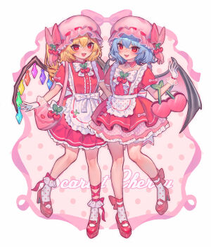  2girls absurdres alternate_costume ankle_bow ankle_ribbon apron back_bow bag bat_wings blonde_hair blue_hair bobby_socks bow bowtie breasts cherry collarbone commentary dress elbow_carry english_commentary english_text enmaided fangs flandre_scarlet food frilled_apron frilled_dress frills fruit full_body gloves hair_between_eyes handbag hat hat_bow hat_ribbon highres holding holding_bag layered_dress leg_ribbon looking_at_viewer maid maid_apron mary_janes mob_cap multicolored_wings multiple_girls open_mouth pink_background pink_bag pink_hat puffy_short_sleeves puffy_sleeves qiu_ju red_bow red_dress red_eyes red_ribbon red_shoes remilia_scarlet ribbon ribbon-trimmed_headwear ribbon_trim shoes short_sleeves siblings simple_background sisters small_breasts smile socks touhou white_apron white_background white_bow white_bowtie white_gloves white_socks wings 