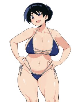  1girl arato_nagi bikini black_eyes black_hair blue_bikini breasts cleavage collarbone curvy denpatou earrings groin hair_bun hands_on_own_hips highres jewelry large_breasts looking_at_viewer navel official_alternate_costume open_mouth ruri_no_houseki side-tie_bikini_bottom simple_background smile solo stomach string_bikini stud_earrings swimsuit thick_thighs thighs thong_bikini white_background wide_hips  rating:Sensitive score:76 user:PuttHutt