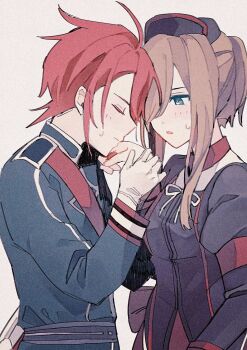  1900035_153 1boy 1girl blue_eyes blue_jacket brown_hair closed_eyes closed_mouth commentary_request from_side gloves hair_over_one_eye hair_up headdress highres holding_another's_wrist jacket juliet_sleeves light_blush long_hair long_sleeves looking_at_another luke_fon_fabre maid military_uniform official_alternate_costume parted_lips profile puffy_sleeves red_hair short_hair sidelocks sweatdrop tales_of_(series) tales_of_the_abyss tear_grants tear_grants_(proud_maid) upper_body white_gloves 