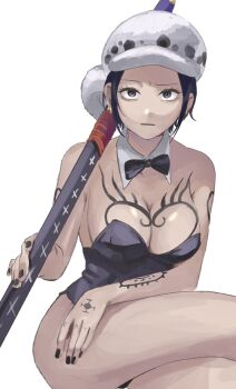  1girl arm_tattoo black_eyes black_hair black_leotard black_nails bow bowtie breasts chest_tattoo cleavage crossed_legs curvy detached_collar female_focus genderswap genderswap_(mtf) hand_tattoo hat highres katana large_breasts leotard looking_at_viewer nail_polish one_piece playboy_bunny shiny_skin short_hair solo strapless strapless_leotard sword tattoo tjb_e0 trafalgar_law trafalgar_law_(female) weapon wide_hips 