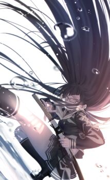  1girl absurdres battoujutsu_stance black_serafuku black_shirt cross-laced_clothes cross-laced_sleeves fate/grand_order fate_(series) fighting_stance glasses grey_eyes highres katana kurohime_(fate) long_hair long_sleeves looking_at_viewer mashima_saki_(mashimasa) neckerchief official_artist_extra ready_to_draw rectangular_eyewear sailor_collar scar scar_across_eye scar_on_face school_uniform serafuku sheath shirt solo sword unsheathing weapon white_sailor_collar 