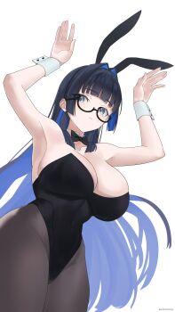 1girl armpits black_hair blue_eyes blue_hair bow bowtie breasts glasses gototo_touma hololive hololive_english large_breasts leotard ouro_kronii playboy_bunny rabbit_ears tagme virtual_youtuber