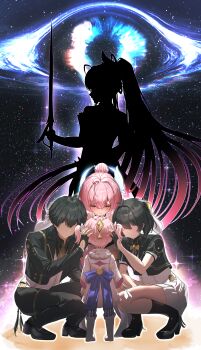  1boy 3girls absurdres adoptive_parent_and_adoptive_child aemeath_(wuthering_waves) aleph-1_(wuthering_waves) black_gloves black_hair black_jacket black_pants black_socks commentary_request dress dual_persona father_and_daughter fei_chong female_rover_(perpetual_spark)_(wuthering_waves) female_rover_(wuthering_waves) fingerless_gloves gloves highres holding holding_sword holding_weapon jacket long_hair male_rover_(perpetual_spark)_(wuthering_waves) male_rover_(wuthering_waves) mother_and_daughter multiple_girls official_alternate_costume outdoors pants pink_hair ponytail rover_(wuthering_waves) sky socks star_(sky) starry_sky sword time_paradox weapon white_dress wuthering_waves 