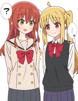  ... 2girls ? ahoge black_vest blonde_hair bocchi_the_rock! bow brown_eyes brown_hair commentary_request green_eyes ijichi_nijika kita_ikuyo long_hair mukiryoku_bato multiple_girls pleated_skirt red_bow sailor_collar school_uniform side_ponytail skirt speech_bubble spoken_ellipsis spoken_question_mark translation_request upper_body vest  rating:General score:1 user:danbooru