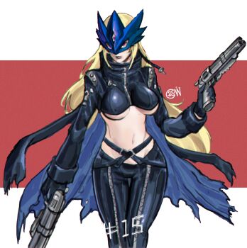  1girl absurdres beelstarmon belt blonde_hair breasts combination_weapon digimon eye_mask gun handgun highres large_breasts long_hair mask multiple-barrel_gun red_eyes revealing_clothes revolver solo standing third_eye underboob weapon wide_hips 