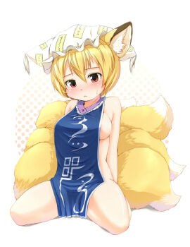  1girl :< animal_ears areola_slip bad_id bad_pixiv_id blonde_hair blush breasts female_focus fox_ears fox_tail hat kagerofu kneeling multiple_tails naked_tabard red_eyes short_hair sideboob sitting solo surcoat sweat sweatdrop tabard tail touhou wariza yakumo_ran  rating:Questionable score:48 user:i_am_gundam