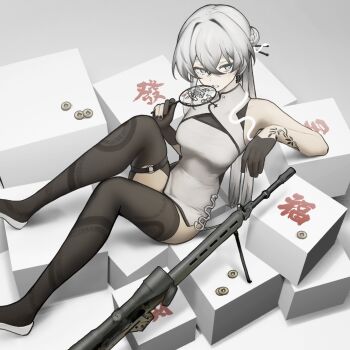  assault_rifle bipod black_thighhighs blue_eyes breasts china_dress chinese_clothes coin dress gloves grey_hair gun hand_fan highres holding holding_fan long_hair mahjong medium_breasts original rifle scope seallllion sig_sauer sig_sg550 tattoo tell_(seallllion) thigh_strap thighhighs tuanshan very_long_hair vrchat weapon zettai_ryouiki 