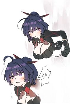  1girl 5rwpvc ahoge breasts cleavage commentary_request dress flustered gloves hair_ornament highres hime_cut honkai_(series) honkai_impact_3rd korean_commentary large_breasts multicolored_eyes ponytail purple_eyes purple_hair raiden_mei raiden_mei_(danzai_spectramancer) surprised through_wall two-tone_eyes v-shaped_eyebrows 