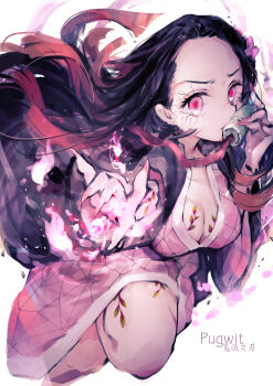  1girl absurdres asa_no_ha_(pattern) bit_gag black_hair black_haori body_markings breast_tattoo breasts brown_hair center_opening cleavage copyright_name cowboy_shot eyebrow_cut fingernails fire flaming_hand floating_hair forehead frown furrowed_brow gag gradient_hair hair_behind_ear hair_floating_upwards hair_ornament hair_pulled_back hands_up haori highres holding holding_gag japanese_clothes kamado_nezuko kamado_nezuko_(demon) kimetsu_no_yaiba kimono leg_tattoo leg_up legs_folded long_fingernails long_hair looking_at_viewer medium_breasts multicolored_hair open_collar patterned_clothing pink_fire pink_hair pink_kimono pink_nails print_kimono pugwit pyrokinesis reaching reaching_towards_viewer red_pupils sharp_fingernails short_kimono sideways_glance simple_background solo tattoo ungagged veins veiny_face white_background 