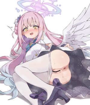  1girl :d ^^^ aku0 anus ass ass_focus bar_censor black_shoes blue_archive blue_bow blue_bowtie blue_hair blue_halo blush blush_visible_through_hair bow bowtie breasts buttons censored clothes_pull collared_dress commentary crying crying_with_eyes_open dress embarrassed feathered_wings flower foot_out_of_frame footwear_bow foreshortening gradient_hair hair_behind_ear hair_bun hair_flower hair_ornament hair_spread_out halo high_heels highres knees_together_feet_apart long_hair lying mika_(blue_archive) multicolored_hair no_panties nose_blush on_side open_mouth pantyhose pantyhose_pull petite pink_hair pink_halo pleated_dress puckered_anus purple_bow purple_flower pussy shadow shoes short_dress short_sleeves side_ahoge sidelocks simple_background single_side_bun small_breasts smile solo surprised sweat tareme tears tongue two-sided_dress two-sided_fabric two-tone_hair very_long_hair wavy_hair white_background white_dress white_pantyhose white_wings wings yellow_eyes 