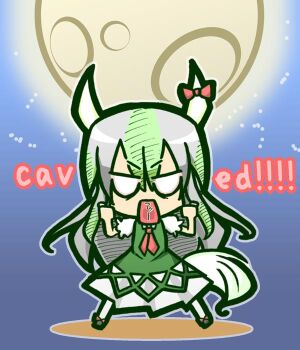  1girl caved_(touhou) chibi ex-keine full_body hands_up horn_ornament horn_ribbon horns kamishirasawa_keine long_hair moon open_mouth ribbon solo text_in_mouth touhou yukiduki 