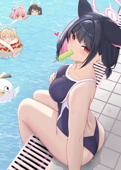  4girls afloat airi_(blue_archive) angry animal_ears ass bare_shoulders black_hair blonde_hair blowing_bubbles blue_archive blue_one-piece_swimsuit blush breasts brown_hair cat_ears cat_girl closed_eyes feet_in_water food food_in_mouth green_halo halo happy heart in_water kazusa_(blue_archive) large_breasts mouth_submerged mouth_under_water multicolored_hair multiple_girls natsu_(blue_archive) one-piece_swimsuit pancake4539 peroro_(blue_archive) pink_eyes pink_hair pink_halo pool popsicle popsicle_in_mouth red_eyes short_hair side_ponytail sitting swimsuit thighs two-tone_hair yellow_halo yoshimi_(blue_archive) 