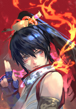  1girl black_hair blue_eyes blue_gloves fingerless_gloves fire gloves high_ponytail hungry_clicker kunimitsu_ii looking_to_the_side namco off_shoulder ponytail red_background solo tekken tekken_8  rating:General score:2 user:danbooru