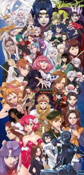  6+girls absurdres ass beret black_hair blonde_hair character_request copyright_request dark-skinned_female dark_skin glasses gundam haman_karn happy_birthday hat highres katt_sun knight leotard looking_back multiple_girls pink_leotard qubeley sakakibara_yoshiko sword voice_actor_connection weapon zeta_gundam 