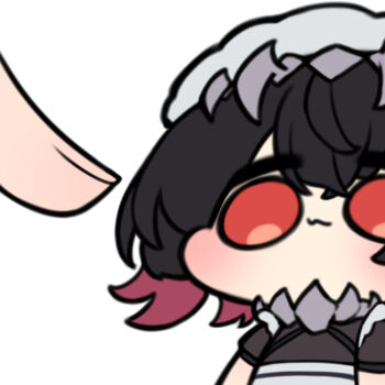  1boy 1girl black_hair chibi closed_mouth ellen_joe eyebrows_hidden_by_hair hair_between_eyes highres otu_(o2h2_oh4) red_eyes short_hair smile solid_circle_eyes zenless_zone_zero 