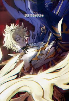  1boy absurdres alternate_form andieskywalker asymmetrical_wings blonde_hair commentary cracked_skin english_commentary highres honkai:_star_rail honkai_(series) male_focus material_growth phainon_(honkai:_star_rail) phainon_(khaslana)_(honkai:_star_rail) short_hair solo spiked_hair tears waist_cape wings yellow_blood yellow_eyes 