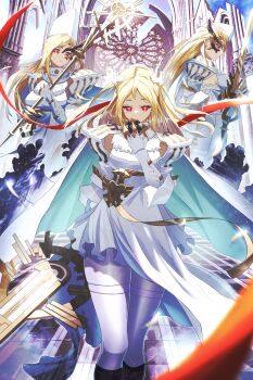  3girls absurdres blonde_hair breasts commentary_request dress eiryu33 feet_out_of_frame final_fantasy final_fantasy_brave_exvius gauntlets gold_ribbon highres holding holding_staff holding_sword holding_weapon juliet_sleeves long_sleeves looking_at_viewer medium_breasts multiple_girls outdoors pantyhose puffy_sleeves red_eyes red_ribbon ribbon staff sword war_of_the_visions:_final_fantasy_brave_exvius weapon white_dress white_pantyhose 