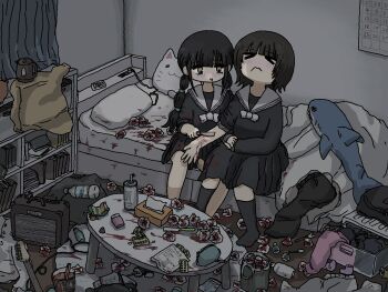  2girls bed blood blush calendar_(object) cellphone drugs female_focus fuchina_(fucinami) guitar highres indoors instrument kettle knife messy_room multiple_girls on_bed original phone pillow school_uniform self-harm serafuku shark sitting smartphone tissue tissue_box  rating:Questionable score:42 user:Haruki1995