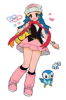  1girl bag beanie blue_eyes blue_hair blush boots bracelet commentary_request dawn_(pokemon) duffel_bag gen_4_pokemon hat highres holding holding_bag jewelry nintendo pink_boots pink_skirt piplup pokemon pokemon_bdsp red_scarf scarf skirt smile soreeyu_(sore-yu) white_background white_hat yellow_bag 