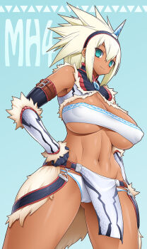  1girl blue_eyes breasts capcom cleavage cleft_of_venus covered_erect_nipples dark-skinned_female dark_skin female_focus hip_focus horns kirin_(armor) large_areolae large_breasts legs long_hair midriff monster_hunter_(series) muscular navel nipples onomeshin panties single_horn smile solo underwear white_hair wide_hips  rating:Questionable score:80 user:Rikko-43