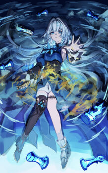  1girl aqua_eyes aqua_hair asymmetrical_legwear bishop_(chess) black_thighhighs cerydra_(honkai:_star_rail) chess_piece commentary_request crown detached_sleeves diamond-shaped_pupils diamond_(shape) full_body hair_intakes highres honkai:_star_rail honkai_(series) long_sleeves looking_at_viewer shirt single_thighhigh sleeveless sleeveless_shirt solo symbol-shaped_pupils thighhighs white_hair white_sleeves wira 