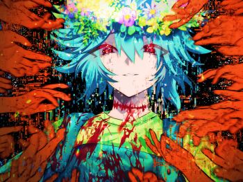  1boy alternate_eye_color basil_(headspace)_(omori) basil_(omori) blood blood_on_clothes blue_overalls colored_skin commentary_request double-parted_bangs flower flower_wreath glitch green_hair green_shirt hair_between_eyes head_wreath highres kauchi_(kani10cauchi) looking_at_viewer male_focus omori overalls parted_lips red_eyes shirt short_hair short_sleeves smile solo t-shirt upper_body white_skin 