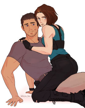  1boy 1girl artist_name black_gloves blue_shirt brown_hair chris_redfield denim fingerless_gloves gloves highres jeans jill_valentine khyu lipstick_mark lipstick_mark_on_face pants resident_evil resident_evil:_death_island shirt simple_background white_background 