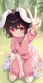  1girl absurdres animal animal_ears arm_up bamboo bamboo_forest barefoot bell between_legs black_hair blush bow carrot_necklace chaoji_da_yuwan closed_mouth commentary dress floppy_ears forest frilled_dress frilled_sleeves frills full_body grass hair_between_eyes hand_between_legs highres inaba_tewi jewelry jingle_bell looking_at_viewer nature necklace on_ground pink_dress puffy_short_sleeves puffy_sleeves rabbit rabbit_ears rabbit_tail red_bow red_eyes ribbon-trimmed_dress ribbon_trim short_hair short_sleeves sitting smile solo tail touhou v v-shaped_eyebrows wrist_bell yokozuwari 