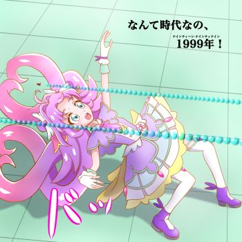  1999 akechi_anna boots bullet capelet commentary cure_answer dodging dress fingerless_gloves gloves highres kamihoshi leaning_back meitantei_precure! necktie parody precure projectile_trail the_matrix translation_request year_connection 