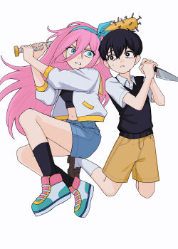  1boy 1girl antenna_hair aubrey_(faraway)_(omori) aubrey_(omori) back-to-back bare_arms baseball_bat batting_stance black_eyes black_hair black_socks black_sweater_vest blue_eyes blue_hairband blue_skirt bow_hairband bright_pupils brown_shoes brown_shorts clenched_teeth collared_shirt commentary_request crop_top denim denim_skirt double-parted_bangs full_body hair_behind_ear hair_between_eyes hairband hands_up highres holding holding_baseball_bat holding_knife jacket jumping knife loafers long_hair looking_at_another looking_back miniskirt nail_(hardware) nail_bat omori open_clothes open_jacket open_mouth parted_lips pink_hair reverse_grip sailor_collar sebon_(sebochin) shirt shoes short-sleeved_jacket short_hair short_sleeves shorts sidelocks simple_background skirt sneakers socks sunny_(omori) sweat sweater_vest teeth three-quarter_sleeves two-handed v-shaped_eyebrows very_long_hair very_short_hair white_background white_jacket white_pupils white_shirt white_socks wide-eyed yellow_sailor_collar 