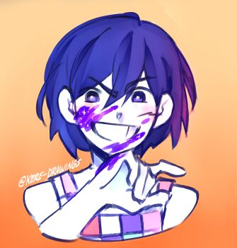  1boy :d bare_shoulders blue_hair bright_pupils checkered_clothes checkered_shirt colored_skin cropped_shoulders double-parted_bangs gradient_background grin hair_behind_ear hair_between_eyes hand_up highres k0re_drawings kel_(headspace)_(omori) kel_(omori) looking_at_viewer male_focus omori open_mouth orange_background paint_splatter paint_splatter_on_face purple_eyes raised_eyebrow shirt short_hair sleeveless sleeveless_shirt smile solo straight-on tareme twitter_username v-shaped_eyebrows white_pupils white_skin 