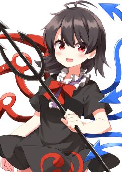  1girl :d asymmetrical_wings black_dress black_hair blue_wings blush bow bowtie center_frills commentary_request cowboy_shot dress frills highres holding holding_polearm holding_weapon houjuu_nue looking_at_viewer open_mouth polearm red_bow red_bowtie red_eyes red_wings ruu_(tksymkw) short_dress short_hair short_sleeves simple_background smile solo tomoe_(symbol) touhou trident weapon white_background wings 