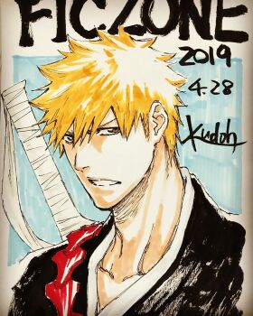  1boy bleach commentary dated highres kudou_masashi kurosaki_ichigo male_focus marker_(medium) orange_hair portrait serious shihakusho signature solo spanish_commentary sword sword_on_back traditional_media weapon weapon_on_back zangetsu_(shikai) 