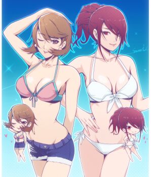  2girls bare_shoulders bikini blue_background blue_shorts blush breasts brown_eyes brown_hair chibi corner50777313 earrings hair_over_one_eye hand_on_own_head hand_on_own_hip heart highres jewelry kirijou_mitsuru medium_breasts multiple_girls navel one_eye_closed persona persona_3 pink_bikini ponytail red_eyes red_hair short_hair short_shorts shorts smile swimsuit takeba_yukari tongue tongue_out white_bikini 