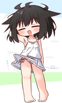  1girl :d absurdres arm_behind_head arm_up armpits bare_arms bare_legs bare_shoulders barefoot black_hair blush chibi closed_eyes clothes_lift dress dress_lift full_body hana_kazari highres open_mouth original panties side-tie_panties sleeveless sleeveless_dress smile solo standing underwear white_dress white_panties wind wind_lift 