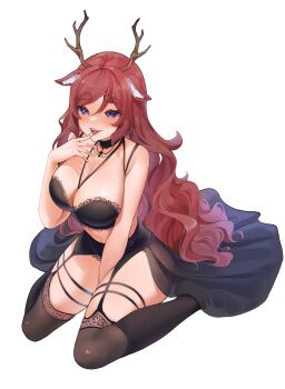 1girl animal_ear_fluff animal_ears antlers between_legs black_garter_belt breasts brown_hair commentary commission deer_antlers deer_ears deer_girl freckles garter_belt hand_between_legs highres horns indie_virtual_youtuber kneeling kouko_elaini long_hair navel open_mouth purple_eyes smile solo stomach thigh_strap thighhighs tongue virtual_youtuber white_background yoshiii 