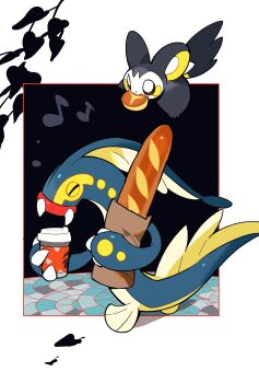  ^_^ bag baguette branch bread bread_bun closed_eyes cup disposable_coffee_cup disposable_cup eelektross emolga food food_in_mouth gen_5_pokemon highres holding holding_bag holding_cup leaf mieaowu musical_note nintendo no_humans paper_bag pokemon pokemon_(creature) pokemon_focus sharp_teeth teeth 
