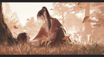  2girls 865791642 black_hair black_skirt breasts character_request chinese_clothes closed_eyes commentary_request copyright_request day falling_leaves hair_ornament hanfu high_ponytail highres jewelry knee_up leaf letterboxed long_hair long_sleeves looking_at_another lying multiple_girls nature necklace on_back on_grass outdoors parted_lips playing_with_another's_hair ponytail sitting skirt small_breasts smile tassel tassel_hair_ornament tree under_tree water waterfall white_hanfu wide_sleeves yuri 