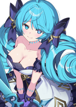  1girl absurdres bare_shoulders blue_bow blue_eyes blue_hair blush bow breasts cleavage closed_mouth collarbone commentary_request cowboy_shot detached_sleeves dress drill_hair gloves gwen_(league_of_legends) hair_bow highres holding holding_scissors korean_commentary large_breasts league_of_legends long_hair looking_at_viewer mismatched_pupils oversized_object pelicana purple_gloves scissors smile solo swept_bangs twin_drills twintails v_arms white_dress 