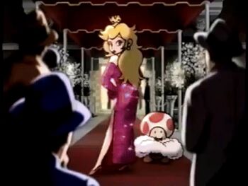  1boy 1girl animated animated_gif ass commercial cosplay dress jessica_rabbit official_art one_eye_closed paparazzi photographing princess_peach super_mario_all_stars toad wink  rating:General score:10 user:ozymandiaspoem