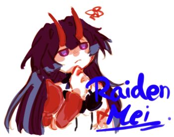  1girl character_name chibi chibi_only closed_mouth commentary english_commentary hand_on_own_chin hand_up highres honkai_(series) honkai_impact_3rd horns karetokoi long_hair looking_up purple_eyes purple_hair raiden_mei raiden_mei_(herrscher_of_thunder) red_horns simple_background solo thinking white_background 