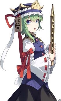  1girl artist_request asymmetrical_hair black_skirt blue_eyes bow epaulettes frilled_hat frilled_sleeves frills game_cg green_hair hat labyrinth_of_touhou_(series) labyrinth_of_touhou_2 long_sleeves official_art purple_hat purple_vest red_bow ribbon-trimmed_sleeves ribbon_trim rod_of_remorse shiki_eiki shirt skirt sleeve_bow solo third-party_source touhou transparent_background vest white_shirt wide_sleeves 