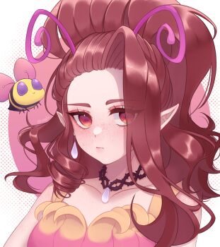 1girl absurdres animal antennae bee black_collar body_freckles bug chest_freckles closed_mouth collar commentary dress earrings english_commentary freckles highres insect jewelry kuraedo long_hair looking_at_viewer makeup orange_dress original pointy_ears red_eyes red_hair solo upper_body rating:General score:1 user:danbooru