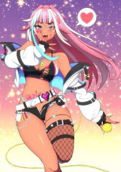  1girl aqua_eyeshadow belt bikini black_belt black_bikini black_shorts blue_hair blue_nails breasts chain commission dark-skinned_female dark_skin eyelashes eyeshadow facial_mark fishnet_thighhighs fishnets heart heart_facial_mark highleg holding holding_microphone indie_virtual_youtuber jacket jewelry long_hair magatama magatama_necklace makeup micro_shorts microphone multicolored_bikini multicolored_hair multicolored_nails necklace open_clothes open_fly open_jacket open_mouth pink_hair pink_nails purple_eyes shorts single_fishnet_legwear skeb_commission solo spiked_belt spoken_heart streaked_hair swimsuit thigh_belt thigh_strap thighhighs tongue tongue_out v v_over_mouth virtual_youtuber wade99 white_belt white_hair white_jacket white_nails x_(symbol) x_facial_mark yfu  rating:Sensitive score:21 user:danbooru