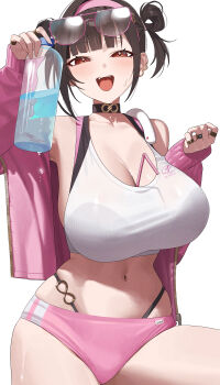  1girl absurdres alternate_breast_size_(larger) between_breasts black_hair bottle breasts buruma cleavage commentary goddess_of_victory:_nikke hairband highres holding holding_bottle huge_breasts jacket looking_at_viewer midriff mm_(mhm2592) navel panties panties_under_buruma panty_straps pink_background pink_buruma pink_hairband pink_jacket plastic_bottle short_hair simple_background solo sora_(nikke) sora_(spring_flight)_(nikke) sports_bra underwear water_bottle white_background white_sports_bra 