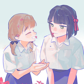  2girls alternate_universe black_hair black_skirt breast_pocket brown_hair closed_eyes collared_shirt commentary dress_shirt facing_another flower flower_in_mouth green_eyes grin hair_ribbon holding holding_flower jasmine_(flower) kachimachi_kosuzu link!_like!_love_live! long_hair looking_at_another love_live! low_twintails momose_ginko mouth_hold multiple_girls pipi_(m1x_mix) pocket red_hair red_ribbon ribbon school_uniform shirt short_sleeves skirt smile thai_school_uniform twintails virtual_youtuber white_shirt 